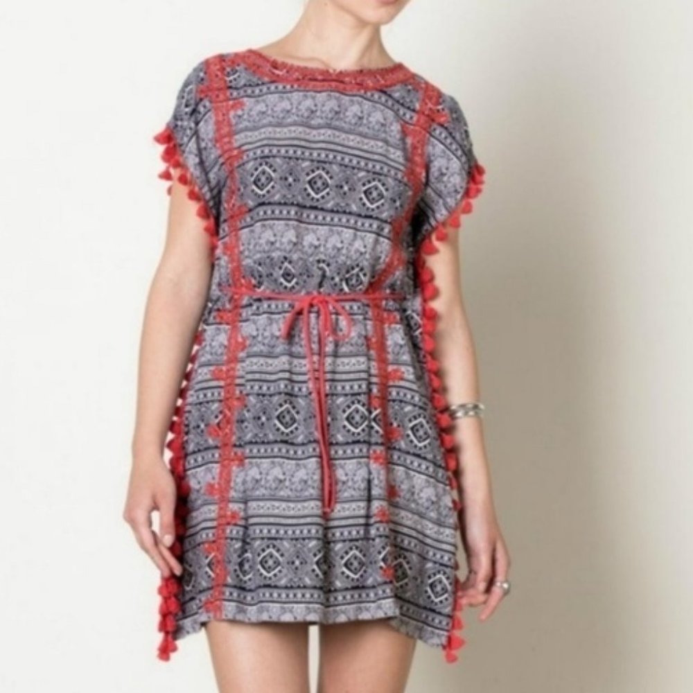 THML Black & White Boho Dress w/ Orange Pom Poms